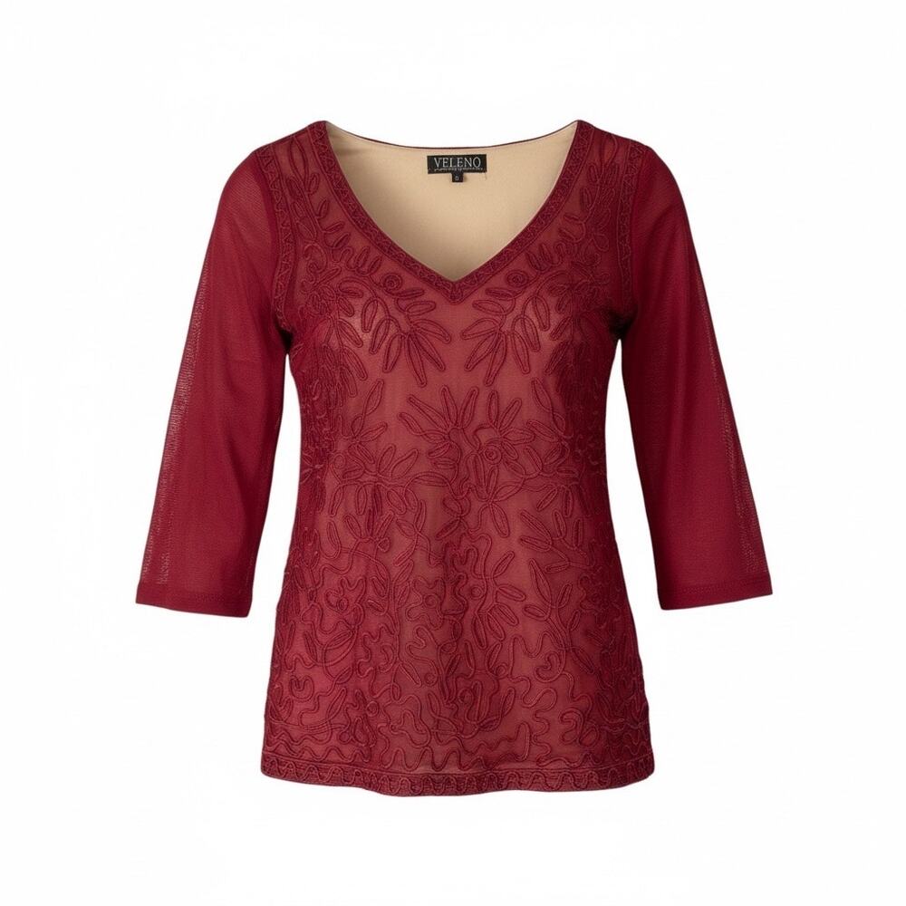 VELENO New York Womens Large Wine Embroidered Mesh Blouse Sheer 3/4 Sleeve NWT